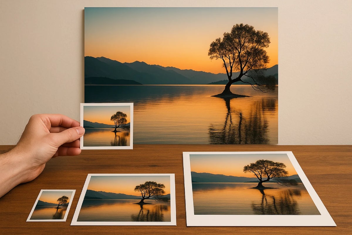 Comparativa visual de diferentes tamaños de impresión fotográfica en papel, con una mano sujetando una copia pequeña frente a otras más grandes.